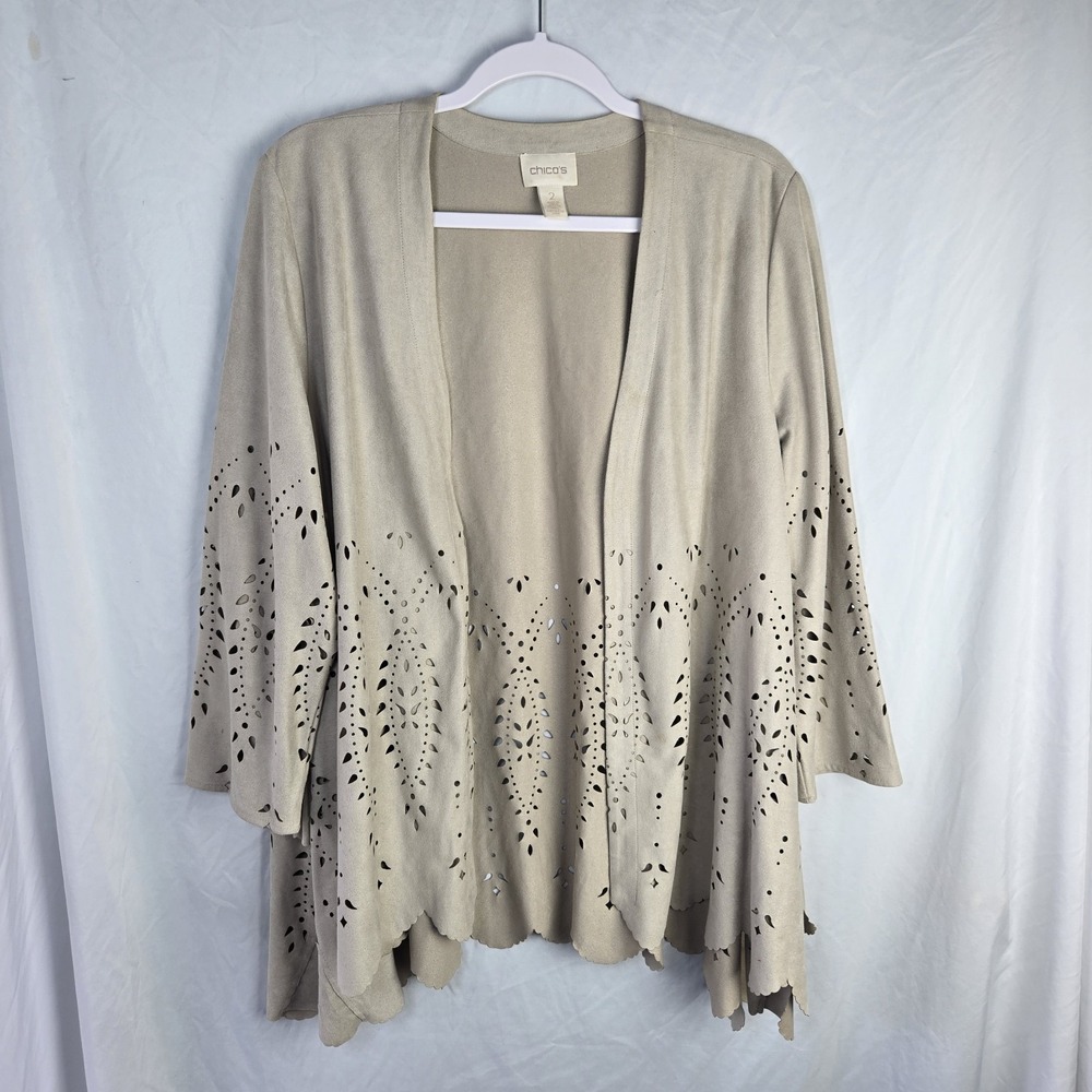 Chicos Faux Suede Laser Cut Scallop Blazer Jacket Womens Large Beige Coastal
